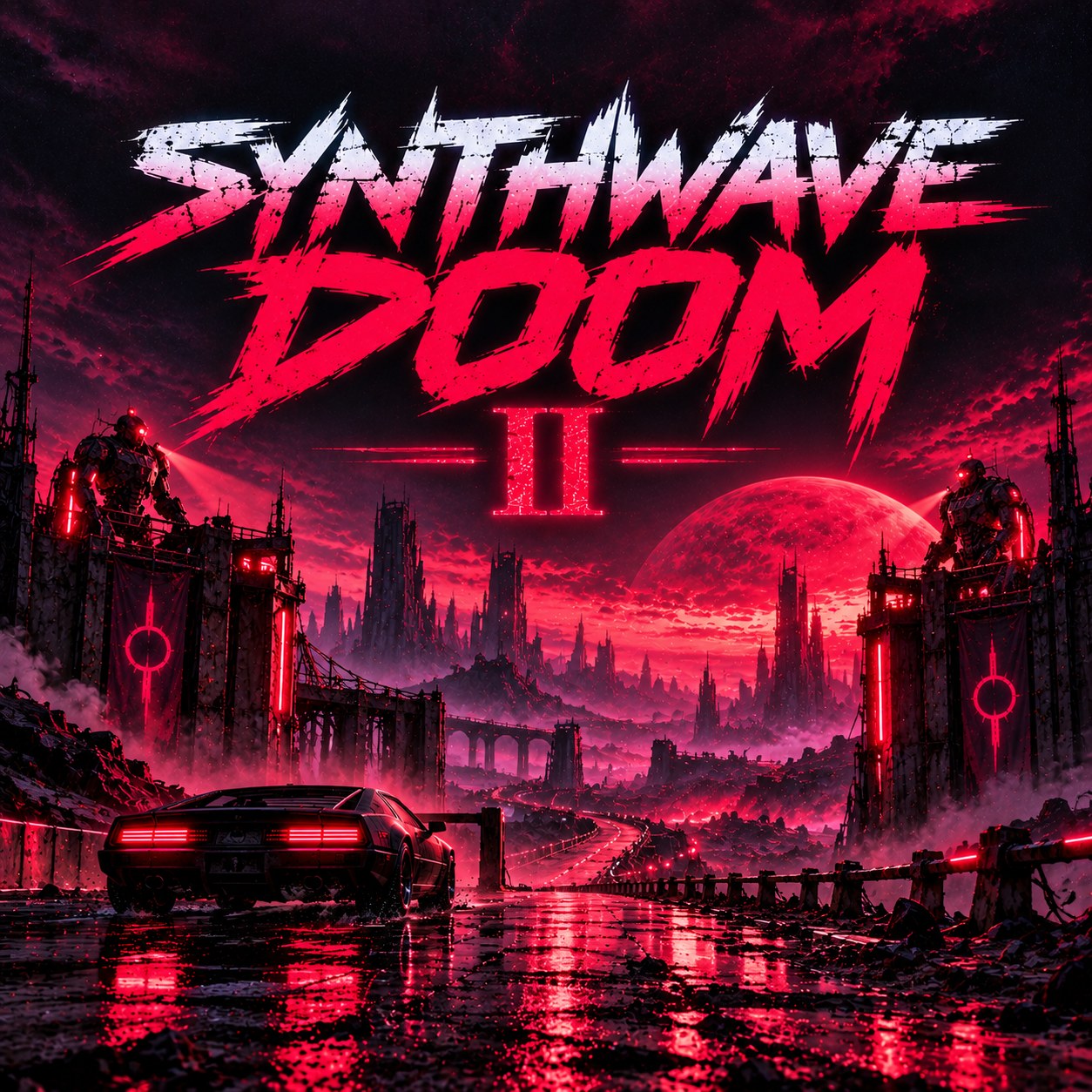 Synthwave Doom II cover: car approaching robot sentinels in a ruined neon city